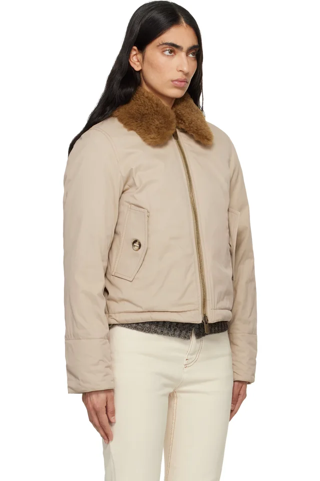 Burberry Beige Shearling Collar Gabardine Down Bomber Jacket, photo 2 of 4 from SSENSE