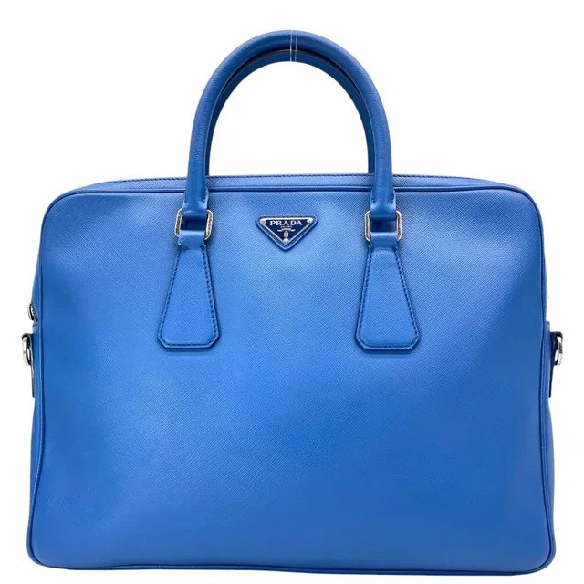 Prada Business Briefcase Handbag Triangle Logo Saffiano Leather Blue Document in Blue Saffiano leather from The Reluxe