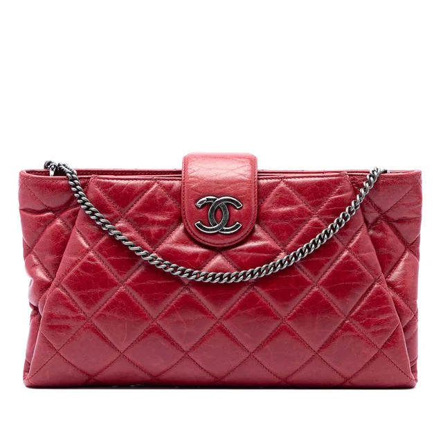 Red Chanel Quilted Glazed Calfskin Coco Pleats Chain Clutch Crossbody Bag in Red Calfskin from Designer Revival