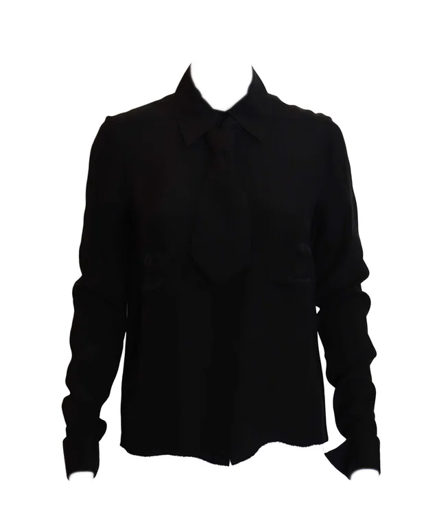 Chanel Bow Tie Chest Coco Satin Black Long Sleeve Blouse in Black Satin from Luxury Promise