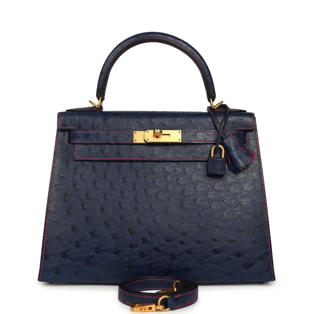 Hermès Special Order (HSS) Kelly Sellier 28 Bleu Iris Verso Ostrich Brushed Gold Hardware in Blue Ostrich from Madison Avenue Couture