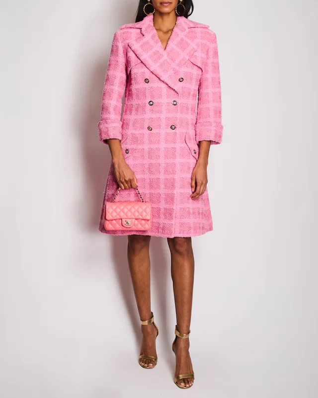 Chanel 24/P Pink Tweed Double Breasted Coat with CC Logo Button Detail Size FR 38 (UK 10) in Pink Tweed from Sellier