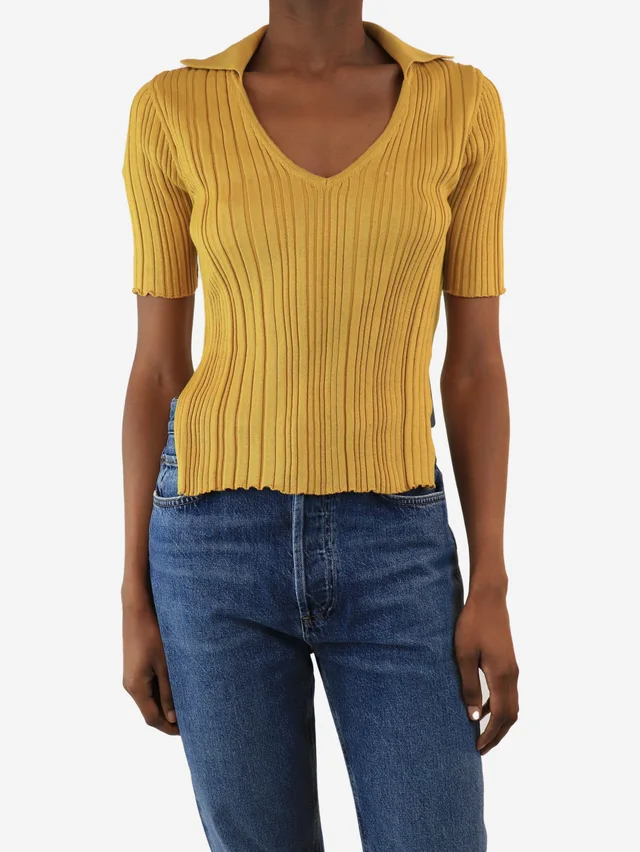 Jacquemus Mustard ribbed v-neck top - size UK 6 in Yellow from Sign of the Times