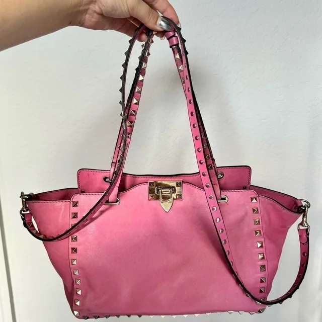 Valentino Garavani Pink Leather Rockstud Trapeze Small Tote Bag in gold|pink Leather from Poshmark