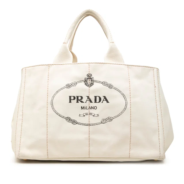 White Prada Large Canvas Canapa Logo Tote Satchel in White Canvas from Designer Revival