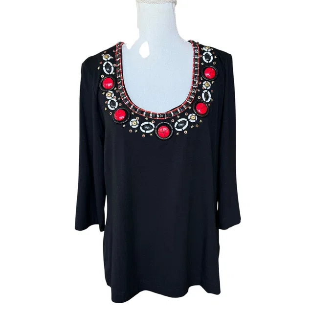 Escada Black Embellished Scoop Neck 3/4 Sleeve Top Red White Beaded Star Size 44 in black|red Resin from Poshmark