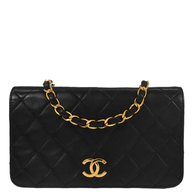 Chanel 1996-1997 Black Lambskin Pushlock Mini Full Flap Shoulder Bag in Black Lambskin from AMORE Vintage Tokyo
