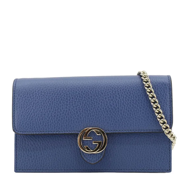 Gucci Dollar Interlocking G Calfskin Leather Chain Wallet Crossbody Bag Blue 510314 in Blue Calfskin from Dallas Designer Handbags