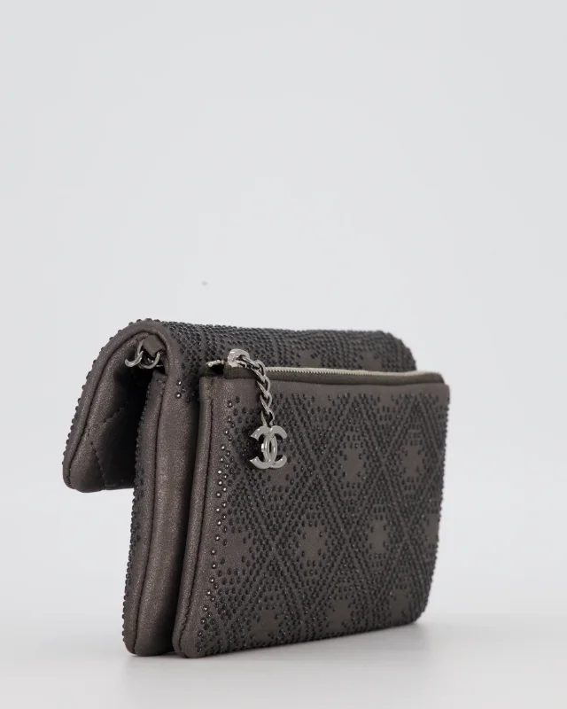 Chanel Grey Embellished Rhinestones Mini Flap Bag in Suede Leather With Gunmetal Hardware in Grey Suede from Sellier, photo 12 of 19