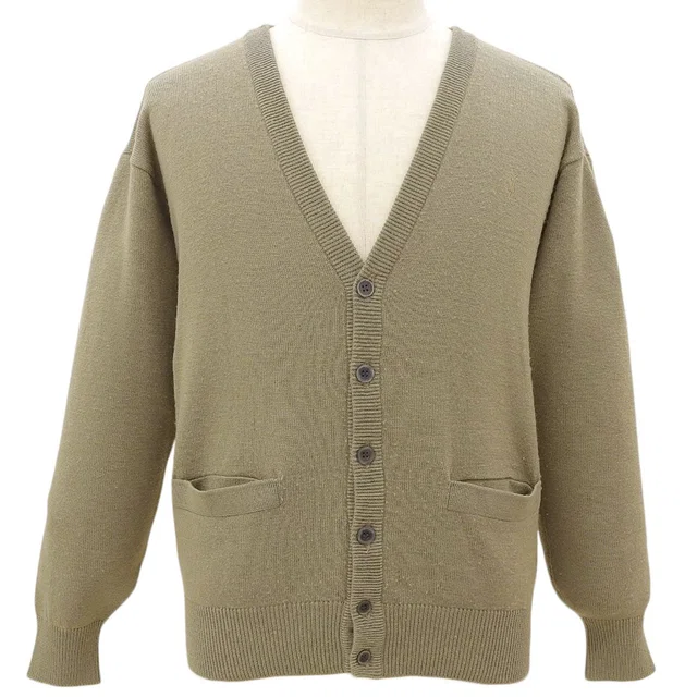 Saint Laurent Wool Logo Embroidered Cardigan #M Khaki in Green Wool from VINTAGE QOO TOKYO
