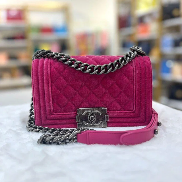 Chanel Fuchsia Velvet & Calfskin Quilted Small Boy Clap In Ruthenium Hw in Pink Calfskin from Luxury Promise