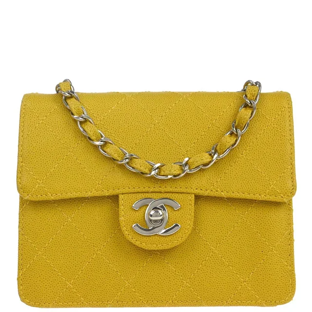 Chanel 1997-1999 Yellow Caviar Skin Mini Classic Square Flap Shoulder Bag in Yellow Caviar leather from AMORE Vintage Tokyo