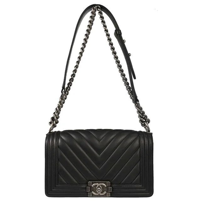 Boy Chanel 2018-2019 Black Lambskin Chevron Medium Shoulder Bag in Black Lambskin from AMORE Vintage Tokyo
