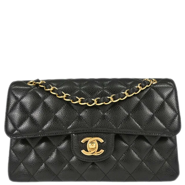 Chanel 2019 Black Caviar Skin Small Classic Double Flap Shoulder Bag in Black Caviar leather from AMORE Vintage Tokyo