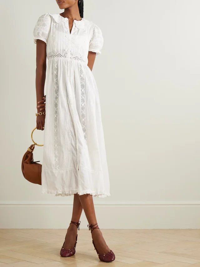 DÔEN Phoebe lace-trimmed pintucked organic cotton-voile midi shirt dress in White, photo 2 of 2 from NET-A-PORTER (Canada)
