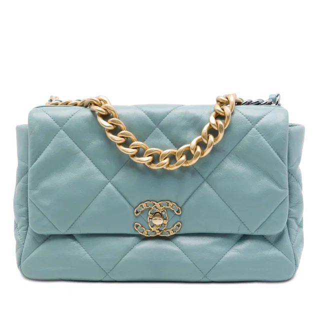 Blue Chanel Large Lambskin 19 Flap Satchel in Blue Lambskin from Designer Revival