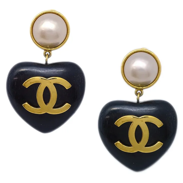 Chanel Artificial Pearl Dangle Heart Earrings Clip-On Black 28 in Black Wool from AMORE Vintage Tokyo