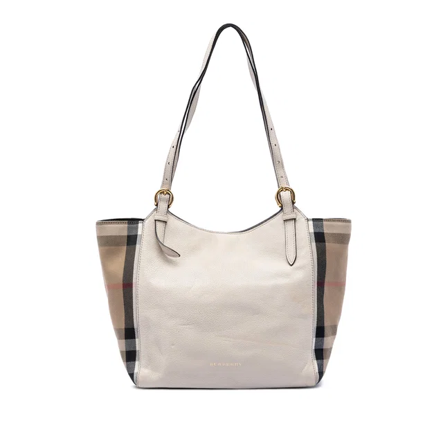 White Burberry Small Leather and House Check Canvas Canterbury Tote in White Canvas from Designer Revival