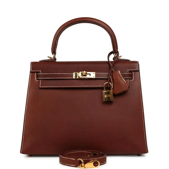 Hermès Kelly Sellier 25 Fauve Barenia Gold Hardware in Goatskin from Madison Avenue Couture