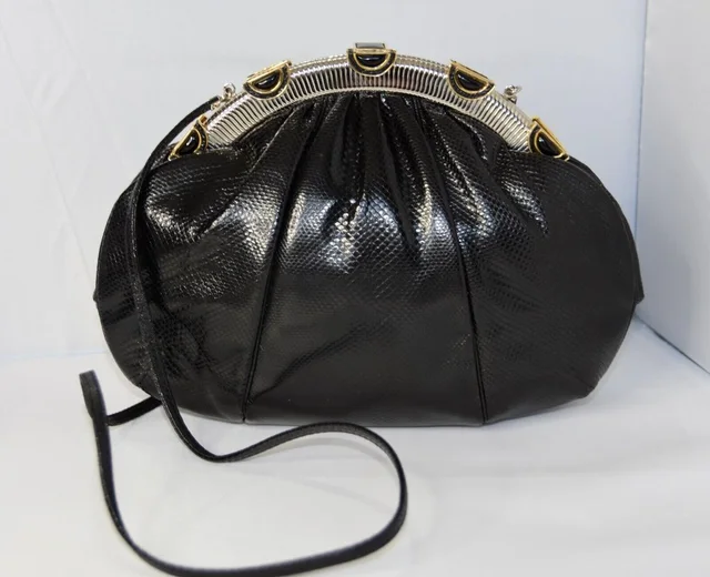 Judith Leiber Designer Art Deco Black Onyx Karung Leather Clutch Shoulder Bag in black Leather from Poshmark