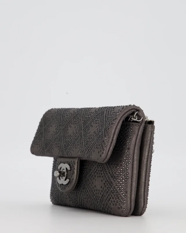 Chanel Grey Embellished Rhinestones Mini Flap Bag in Suede Leather With Gunmetal Hardware in Grey Suede from Sellier, photo 15 of 19