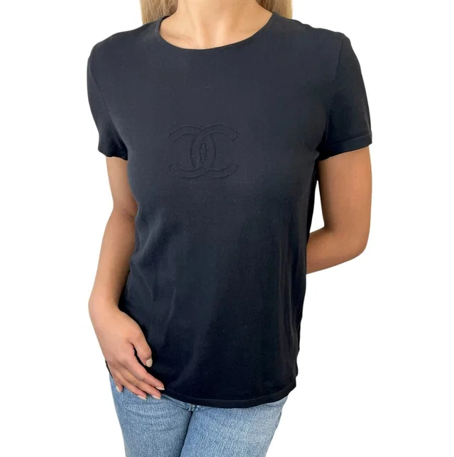 Chanel Vintage 05C CC Logo Knit T-shirt #42 Short Sleeve Top Black Cotton in Black from Luxury Promise