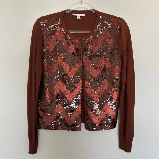 Max Mara Cardigan Sweater Brown Medium Sequin Chevron Virgin Wool in brown|red Wool from Poshmark