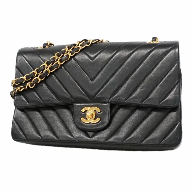 Chanel Shoulder Bag V-stitch Lambskin Black Gold in Black Lambskin from The Reluxe