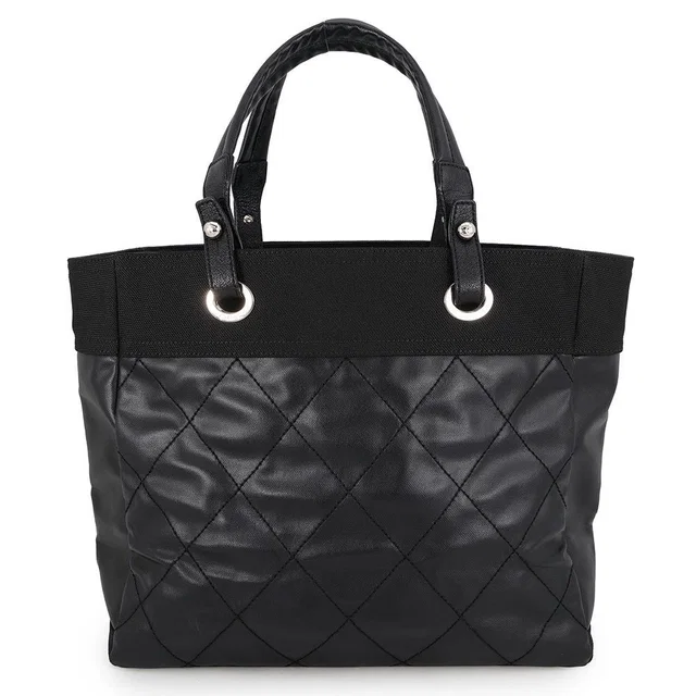 Chanel Tote Bag Quilted Paris Biarritz MM Medium Leather Canvas Black in Black Canvas from The Reluxe