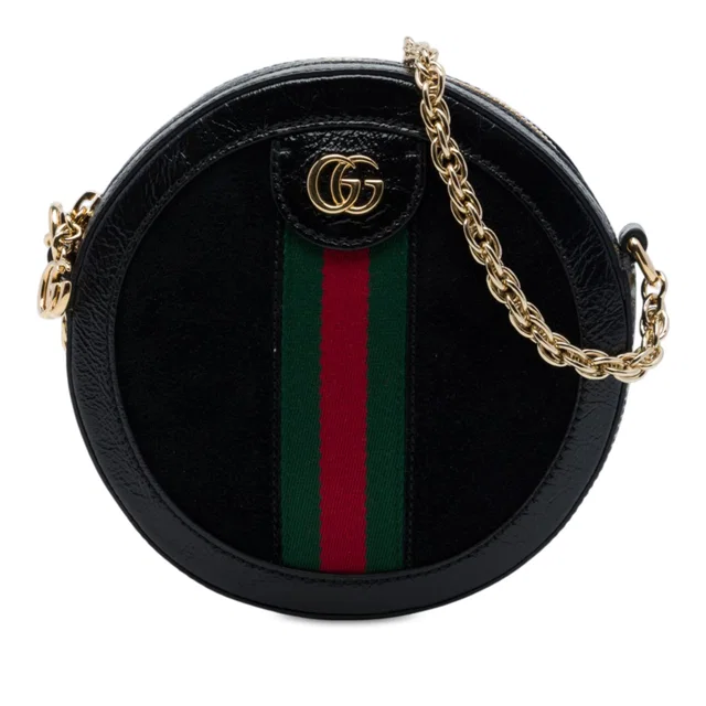 Black Gucci Mini Suede Web Ophidia Round Crossbody in Black Suede from Designer Revival