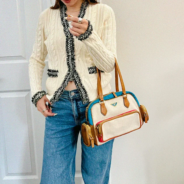 Chanel 2005 CC Mark Button Fringe Cardigan #36 Ivory/Black in Black Cashmere from VINTAGE QOO TOKYO