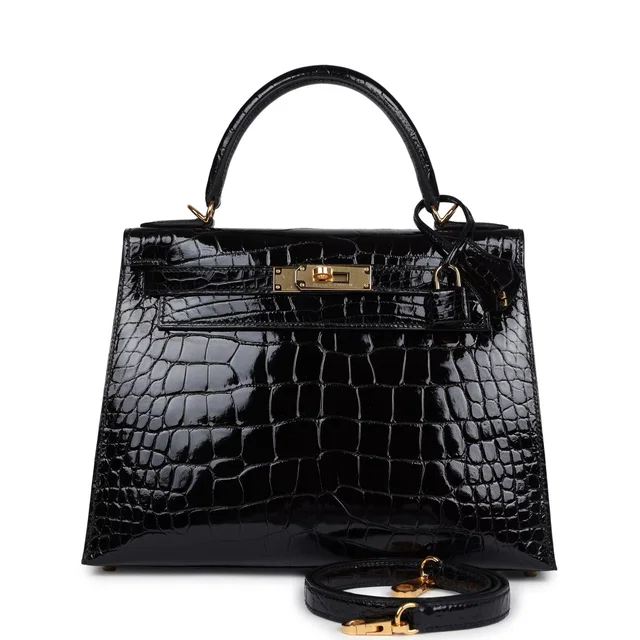 Hermès Kelly Sellier 28 Black Shiny Alligator Gold Hardware in Black Crocodile from Madison Avenue Couture