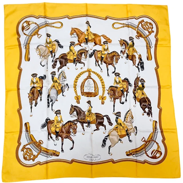 Hermès Carre 90 Reprise Ledoux Yellow Silk 100% Large Scarf in Yellow Silk from The Reluxe