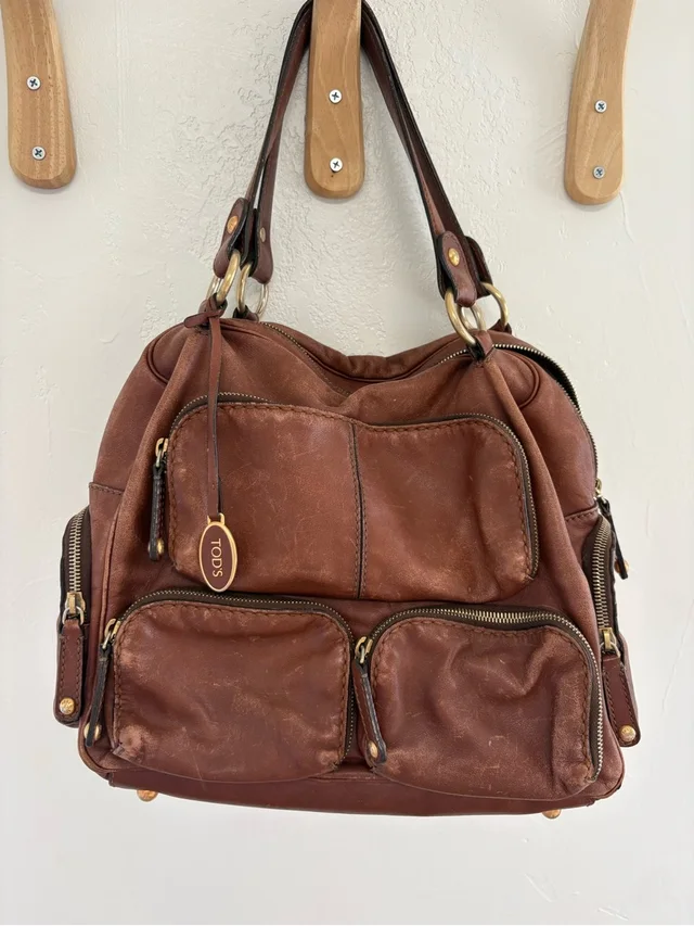 Tod's Chestnut Brown Leather Shoulder Bag With Front Pockets in red|brown Leather from Poshmark
