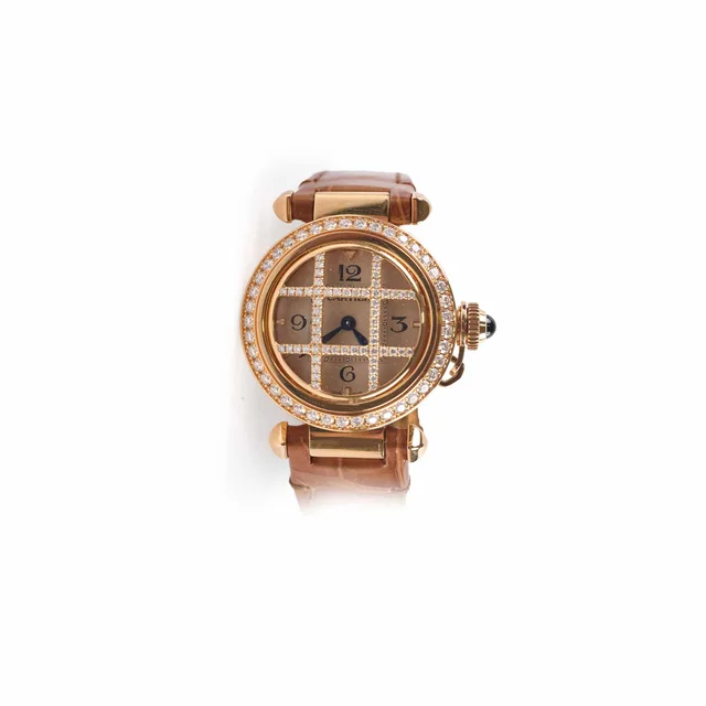 Pasha De Cartier 30mm Pink Gold with Diamond Quartz Watch in Pink Crocodile from The Purse Affair