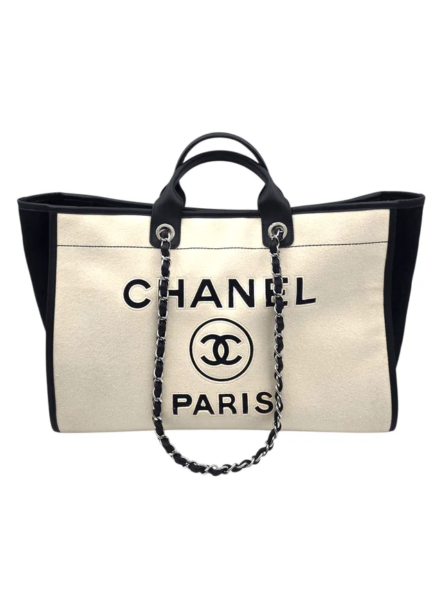 Chanel Deauville GM White / Black Shoulder Bag in Black Wool from Luxury Promise