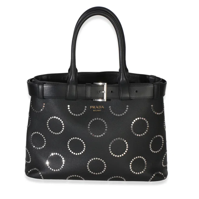 Prada Black Soft Grain Calfskin Studded Large Buckle Bag With Belt Leather Handbag in Black Calfskin from HEWI