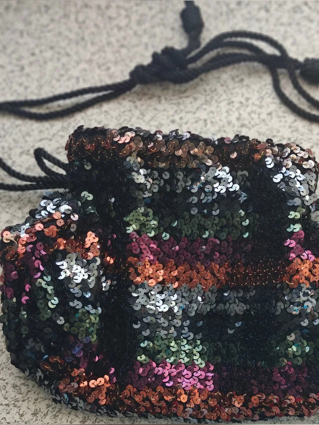 Judith Leiber Sequined Drawstring Bag Pouch Vintage Multicolor Small Rope Black in black|purple Satin from Poshmark