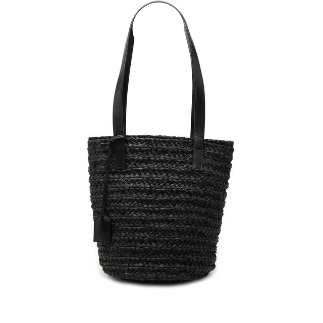 Black Saint Laurent Small Raffia Panier Tote in Black Raffia from Designer Revival
