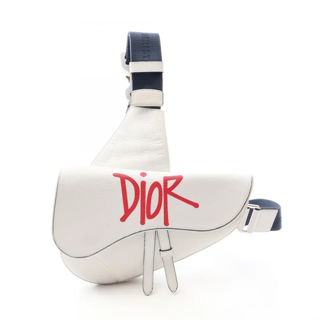 Dior Waist Bag Saddle White Navy Red Leather in White Leather from The Reluxe