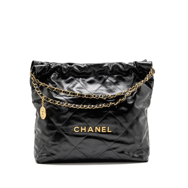 Chanel Medium 22 Bag Shiny Calfskin Black GHW (Microchip) in Black Calfskin from EMIER