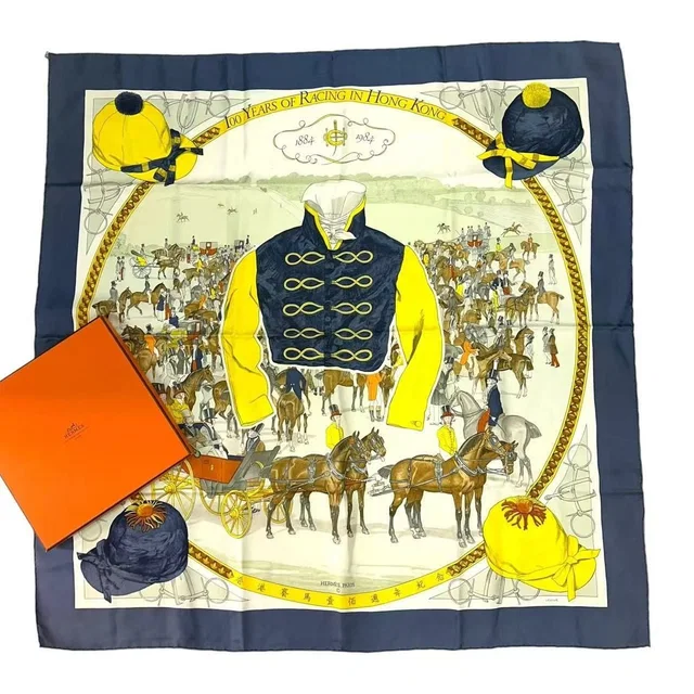 Hermès Carre 90 Scarf Hong Kong Horse Racing Anniversary 100 Years Of In Gray in Grey from The Reluxe