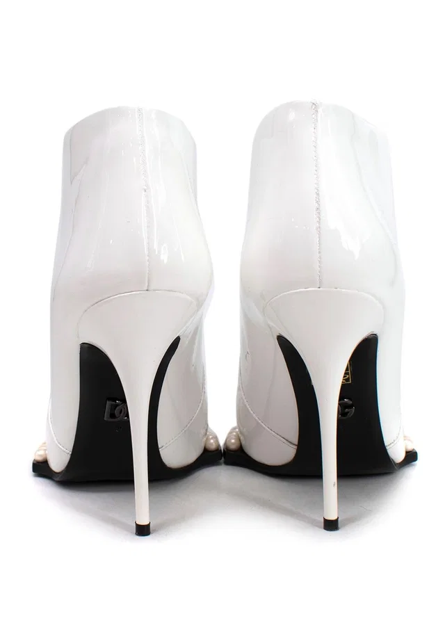 Dolce & Gabbana White Pearl Studded Cowboy Ankle Boots in White Patent leather from HEWI