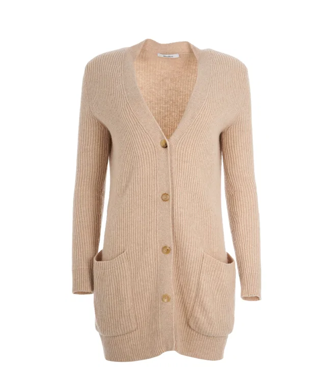 Max Mara Beige Cashmere Ribbed Long V-neck Cardigan in Beige Cashmere from Luxury Promise