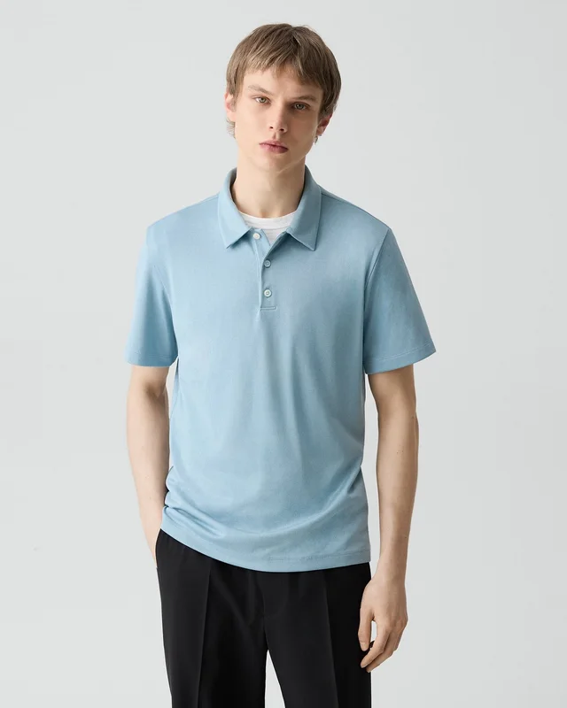 Theory Bron Polo Shirt in Anemone Modal Jersey in OCEAN AIR 67% Modal, 30% Polyester, 3% Spandex, photo 9 of 12 from Theory