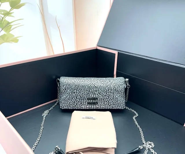 Miu Miu Crystal Embellished Satin Shoulder Bag in Silver Satin from Luxury Promise