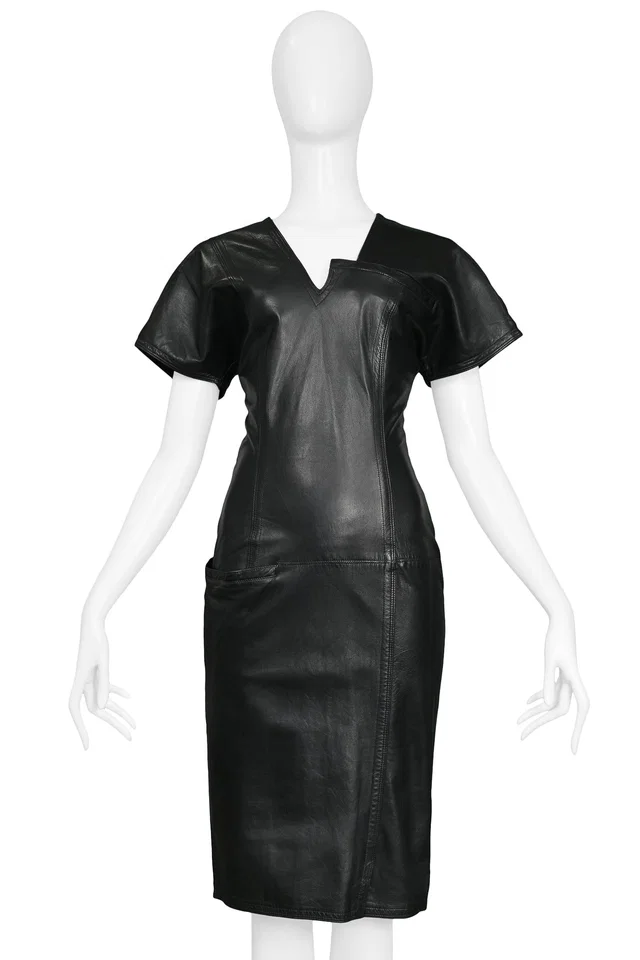Versace BLACK ASYMMETRICAL LEATHER DRESS 1990s in Black Leather from Resurrection Vintage