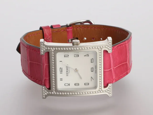 Hermès Medium Stainless Steel Diamond H Heure Watch 30mm in Crocodile from Ann's Fabulous Finds, photo 2 of 5