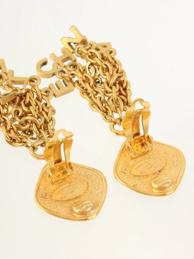 Chanel Square Logo Swing Chain Earrings Gold in Gold from VINTAGE QOO TOKYO, photo 3 of 3