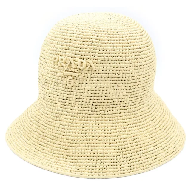 Prada Clochette Hat Letter Ring Logo Raffia Bucket Hat Beige in Beige Raffia from The Reluxe